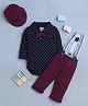 BUMZEE Cotton Knit Full Sleeves Polka Dots Printed Onesie & Pant Set With Suspender & Cap - Navy Blue & Wine