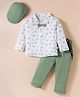 BUMZEE Cotton Knit Full Sleeves Floral Print Shirt with Attached Bow & Pant Set With Suspender & Cap - Light Green & White