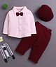 BUMZEE Cotton Knit Full Sleeves Vertical Striped Shirt with Attached Bow & Pant Set With Suspender Cap - Maroon & Pink