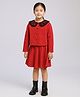 Aww Hunnie Fleece Knit Full Sleeves Floral Embroidered Peter Pan Collar Shirt Style Top & Skirt Set - Red