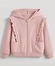 Aww Hunnie Terry Knit Full Sleeves Frill Detailed Solid Hooded Zipper Jacket - Pink