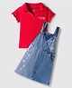OLLINGTON ST. 100% Cotton Knit Half Sleeves Polo T-Shirt & Denim Pinafore Frock with Floral Embroidery - Red & Blue