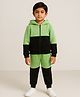 Aww Hunnie Fleece Knit Full Sleeves Colour Blocked Hooded Jacket & Coordinating Joggers Set - Green