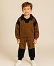 Aww Hunnie Fleece Knit Full Sleeves Colour Blocked Sweatshirt With Coordinating Joggers Set - Brown