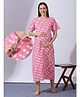 Blush 9 Cotton Woven Half Sleeves Floral Printed Maternity Nighty With Front Zipper Access - Pink