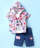 Dapper Dudes Half Sleeves Typography Printed Hooded Shirt With Tee & Shorts Set - Pink
