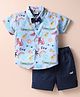 Dapper Dudes Half Sleeves Animals Printed Shirt & Shorts With Bow Set - Sky Blue