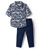 Babyhug Cotton Woven Full Sleeves Shirt and Jeans Set With Leaves Print - Navy Blue & White