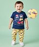 Doodle Poodle 100% Cotton Knit Half Sleeves T-Shirt & Lounge Pant Set with Vehicle Print - Yellow & Navy Blue