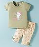 Tango Single Jersey Knit Half Sleeves Capri Night Suit with Cat Print - Light Green