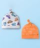 Babyhug 100% Cotton Knit Cap with Vehicle Print Pack of 2 White & Orange - 19.5 cm Diameter
