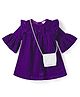 Babyhug Cotton Knit Full Bell Sleeves Solid Color Frock with Sling Bag & Bow Applique - Purple