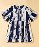 Kookie Kids Cotton Woven Three Fourth Sleeves Front Open Frock with Stripes & Floral Print - Navy Blue & White