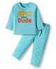 Doodle Poodle 100% Cotton Single Jersey Knit Full Sleeves Night Suit With Text Print - Light Blue
