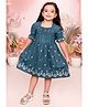 Tiny Twills Denim Woven Half Bell Sleeves Floral Embroidered Dress - Blue