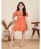 Tiny Twills Linen Woven Half Sleeves Baby Monkey & Floral Embroidered Dress - Rust Orange