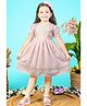 Tiny Twills Linen Woven Half Puffed Sleeves Floral Embroidered Dress - Pink