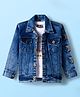Dapper Dudes Full Sleeves Mild Washed & Stars Embroidered Denim Jacket With Typography Printed Tee Set -Dark Blue
