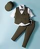 Dapper Dudes Full Sleeves Cross Printed 3 Piece Party Suit With Bow & Cap Set - Olive Green