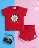 Knitting Doodles Pure Cotton Knit Half Sleeves Floral Printed Tee & Shorts Set - Red