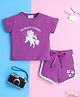 Knitting Doodles Pure Cotton Knit Half Sleeves Unicorn Printed Tee & Shorts Set - Purple