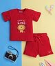 Knitting Doodles Pure Cotton Knit Half Sleeves Lion Printed Tee & Shorts Set - Red