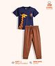 Orange Sugar 100% Cotton Knit Half Sleeves Giraffe Printed Night Suit Set - Blue & Brown