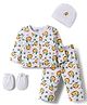 Doodle Poodle 100% Cotton Knit Full Sleeves Lion Printed Co-ords T-Shirt & Lounge Pant Set with Cap & Mittens - White