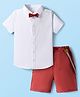 Babyhug Cotton Knit Half Sleeves Solid Color Shirt and Shorts Set with Bow & Suspender - White & Red