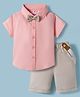 Babyhug Cotton Woven Half Sleeves Shirt & Shorts Set with Bow & Suspender - Light Peach & Beige