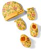 Babyhug 100% Cotton Knit Cap Mittens & Booties With Floral Print Yellow - Diameter 15.5 cm