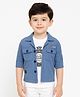 Dapper Dudes Full Sleeves Textured Shirt With Typography Printed Tee - Blue