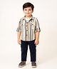 Dapper Dudes Full Sleeves Striped Shirt & Pant With Typography Printed Tee Set - Blue