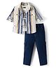 Dapper Dudes Full Sleeves Striped Shirt & Pant With Typography Printed Tee Set - Blue