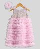 PinkCow Sequins Woven Sleeveless Floral & Ruffles Detailed Glittered Dress - Baby PInk
