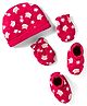 Babyhug 100% Cotton Knit Cap Mittens And Booties with Floral & Animal Print Red - 13.5 cm Diameter