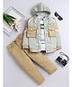 Fourfolds Cotton Blend Woven Trendy Style Text Printed Tee & Trousers With Full Sleeves Hooded Jacket Set - Light Green