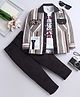 Fourfolds Cotton Blend Woven Full Sleeves Striped Shirt & Trousers With Tee Set - Dark Brown