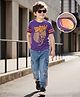OLLINGTON ST. Cotton Knit Half Sleeves Space Man Print T-Shirt & Denim Joggers Set- Purple & Blue
