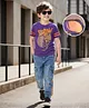 OLLINGTON ST. Cotton Knit Half Sleeves Space Man Print T-Shirt & Denim Joggers Set- Purple & Blue