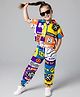 OLLINGTON ST. 100% Cotton Knit Half Sleeves Text Printed Shirt Top & Joggers Co-Ord Set - Multicolor Blue & Yellow
