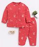 Clt.s Cotton Knit Full Sleeves Hearts & Love Text Printed Coordinating Night Suit Set - Red