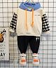 Googo Gaaga Cotton Knit Full Doctor Sleeves Colour Blocked Hooded Sweatshirt With Joggers Set - Cream