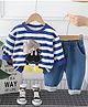Googo Gaaga Cotton Knit Full Sleeves Striped & Abstract Applique Detailed Sweatshirt With Denim Pant Set - Blue