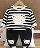 Googo Gaaga Cotton Knit Full Sleeves Striped & Teddy Bear Patch Embroidered Sweatshirt With Joggers Set - Black