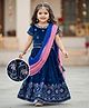 Babyhug Velour Woven Half Sleeves Floral Embroidered Choli Lahenga Set with Dupatta - Navy