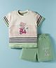 CUCUMBER Interlock Knit Half Sleeves T-Shirt & Shorts Set With Stripes & Bear Patch - Light Green & Cream