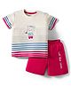 CUCUMBER Interlock Knit Half Sleeves T-Shirt & Shorts Set With Stripes & Animal Patch - Red & Cream