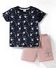 CUCUMBER Interlock Knit Half Sleeves T-Shirt & Shorts Set With Tennis Theme Print - Charcoal Grey & Pink