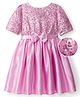 Hola Bonita Satin Woven Half Sleeves Party Dress with Sequins & Bow Applique - Pink
